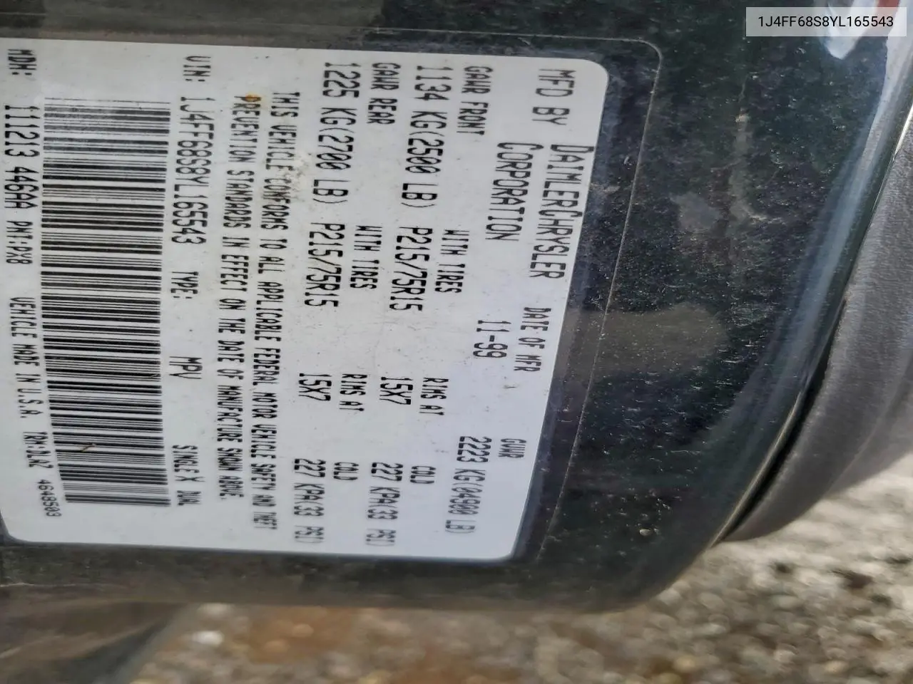 1J4FF68S8YL165543 2000 Jeep Cherokee Limited