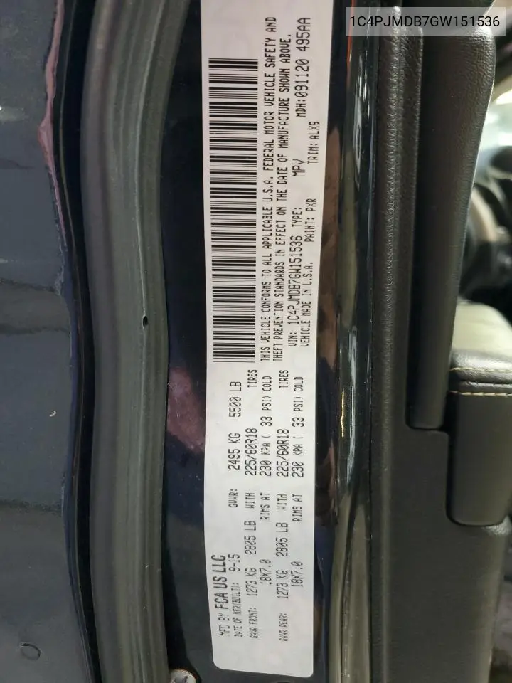 1C4PJMDB7GW151536 2016 Jeep Cherokee Limited