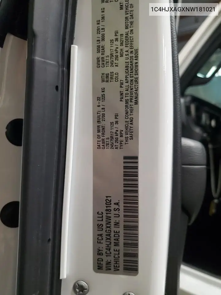 1C4HJXAGXNW181021 2022 Jeep Wrangler Sport