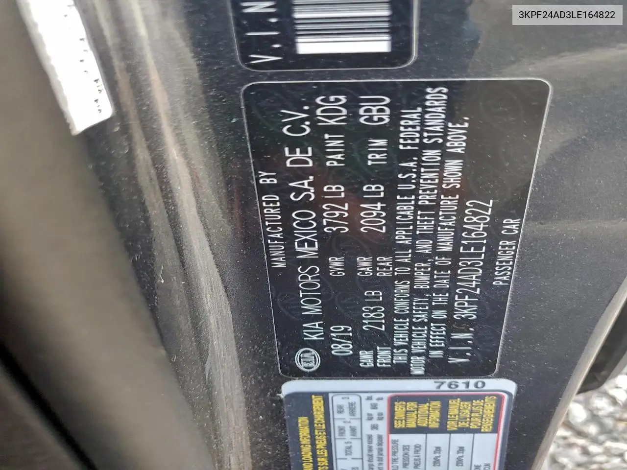3KPF24AD3LE164822 2020 Kia Forte Fe