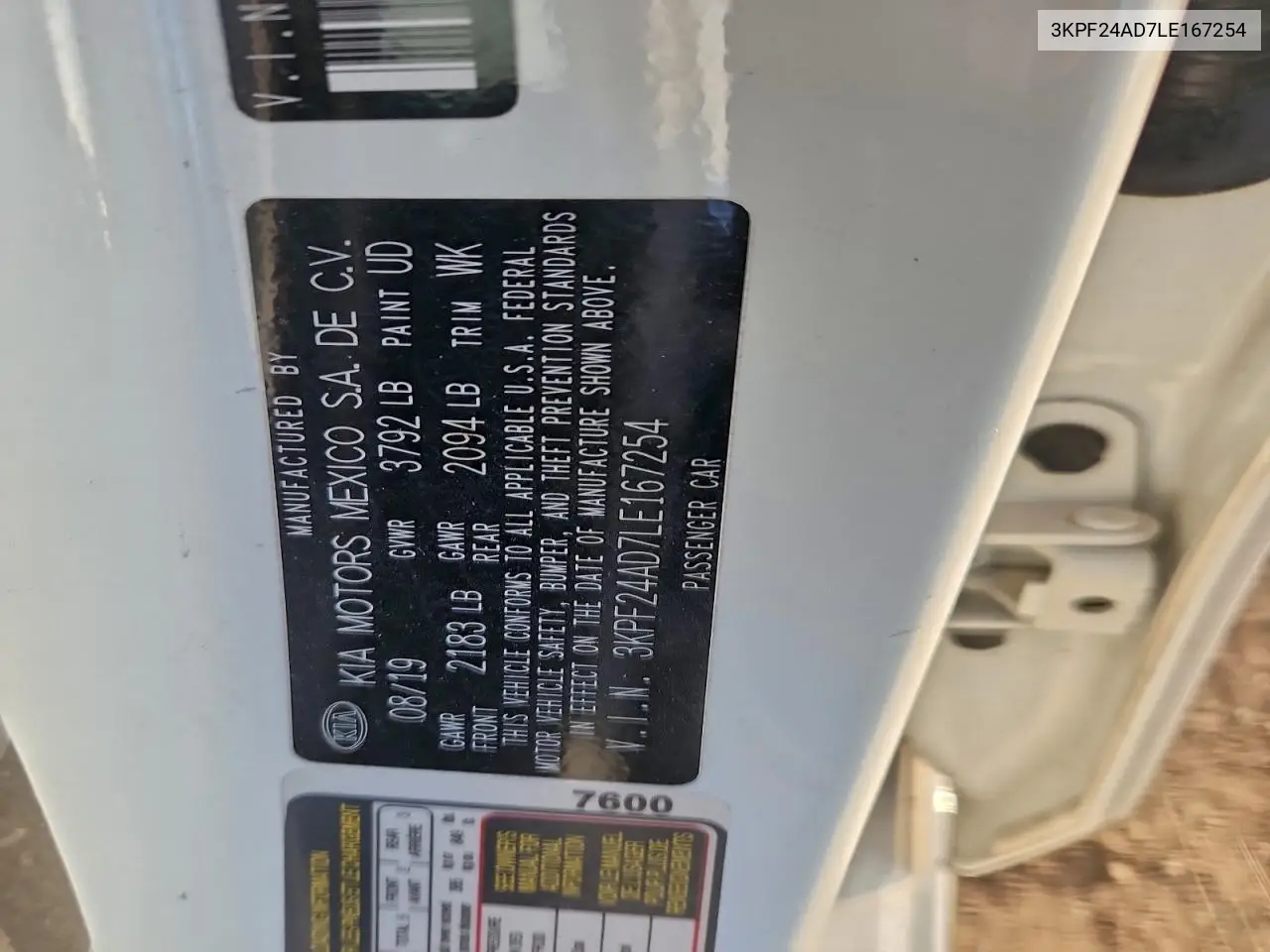 3KPF24AD7LE167254 2020 Kia Forte Fe
