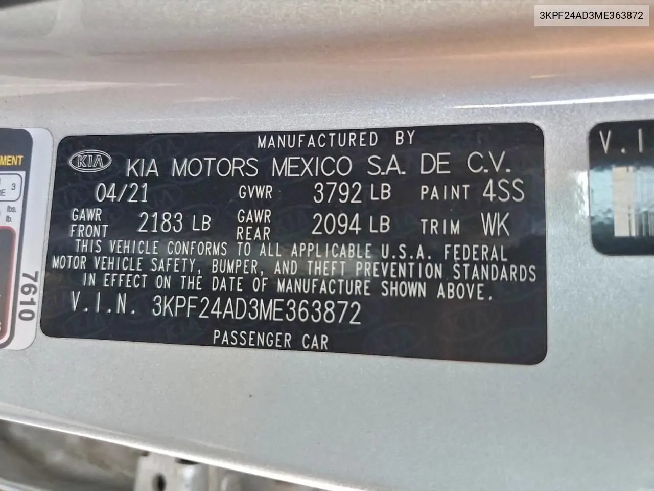 3KPF24AD3ME363872 2021 Kia Forte Fe
