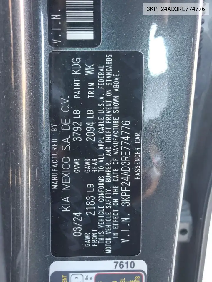 3KPF24AD3RE774776 2024 Kia Forte Lx