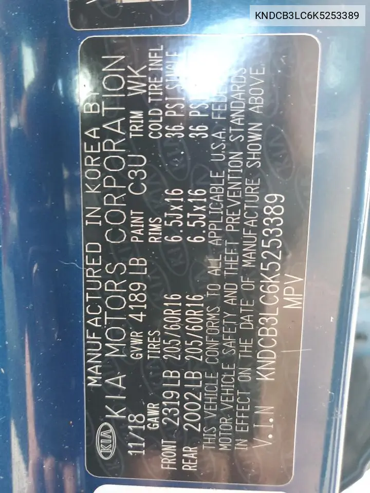 KNDCB3LC6K5253389 2019 Kia Niro Fe