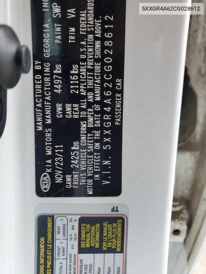 5XXGR4A62CG028612 2012 Kia Optima Sx