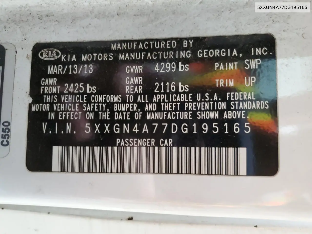 5XXGN4A77DG195165 2013 Kia Optima Ex