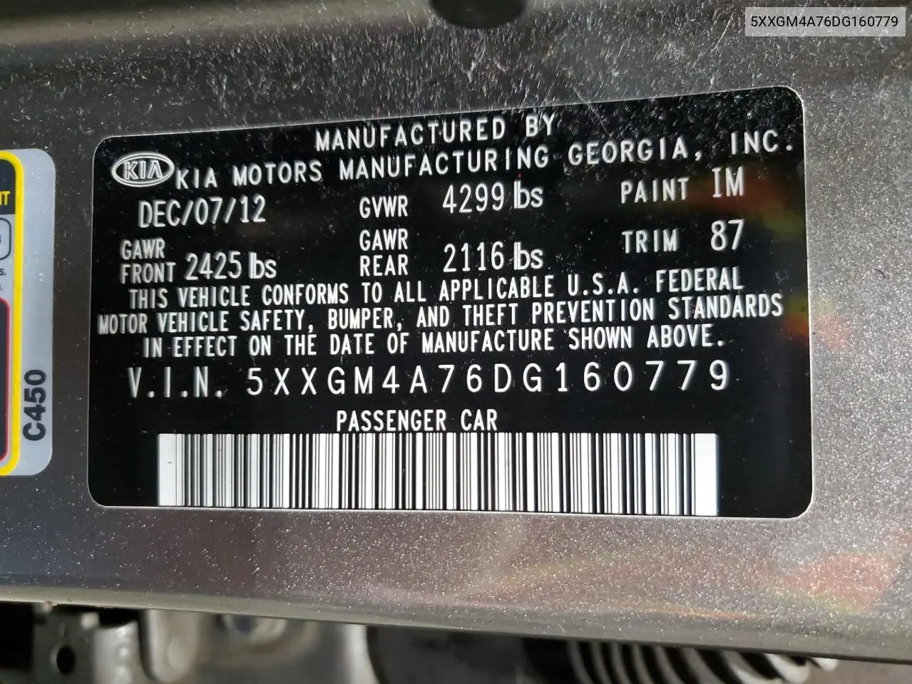 5XXGM4A76DG160779 2013 Kia Optima Lx
