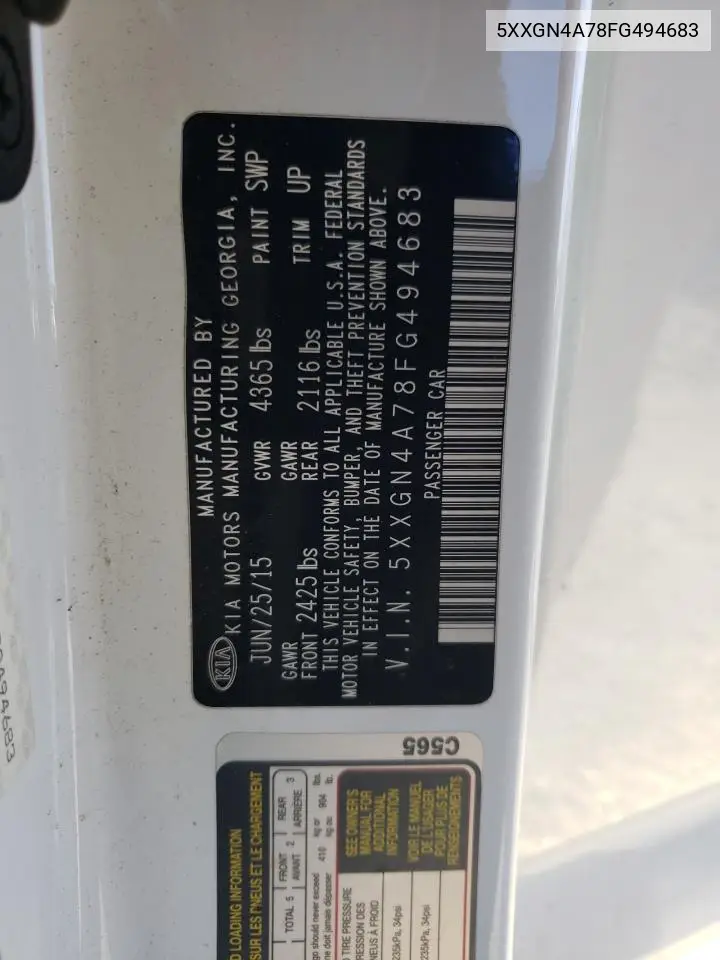 5XXGN4A78FG494683 2015 Kia Optima Ex