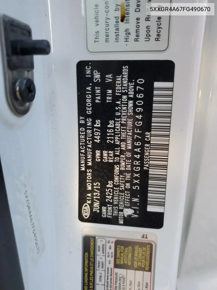 5XXGR4A67FG490670 2015 Kia Optima Sx