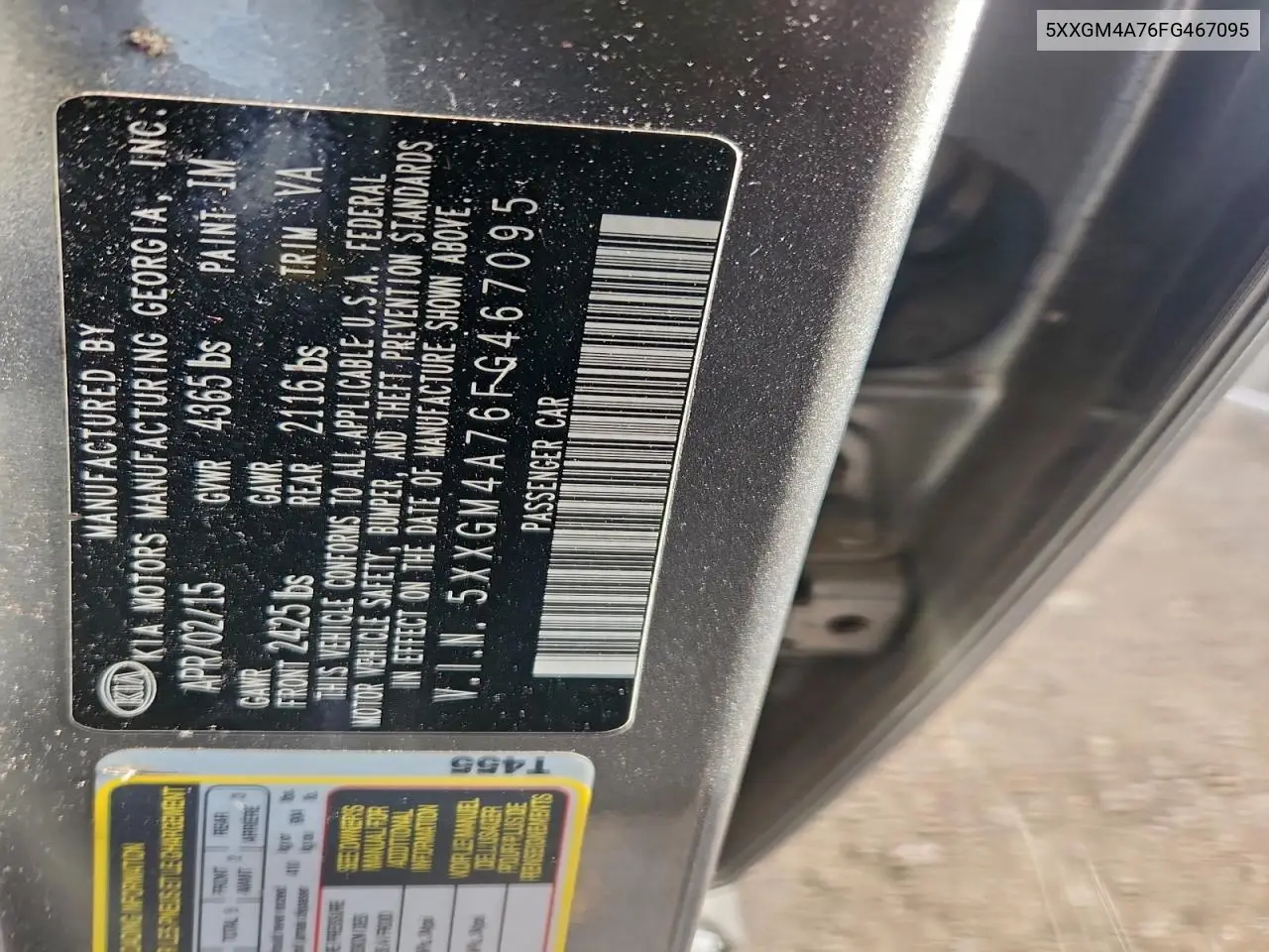 5XXGM4A76FG467095 2015 Kia Optima Lx