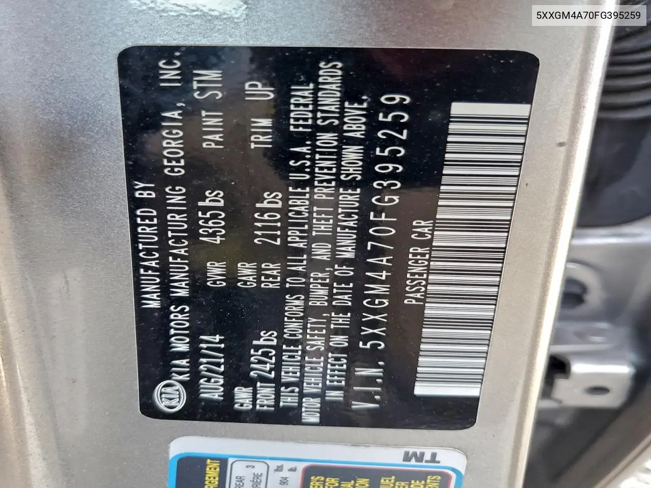 5XXGM4A70FG395259 2015 Kia Optima Lx