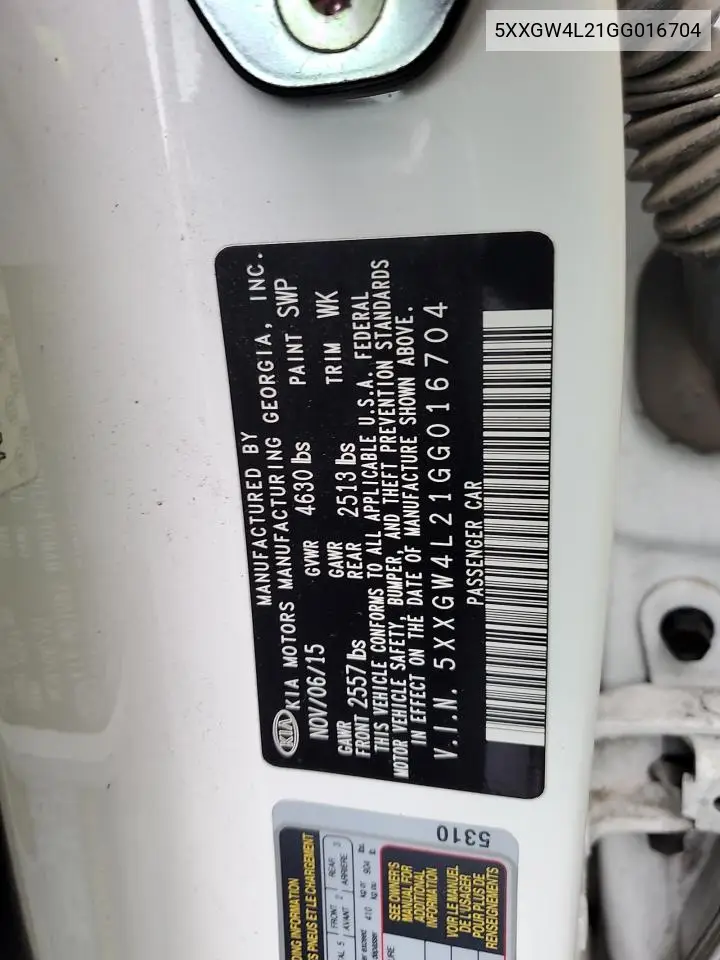 5XXGW4L21GG016704 2016 Kia Optima Sx