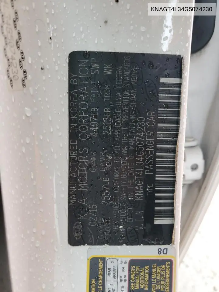 KNAGT4L34G5074230 2016 Kia Optima Lx