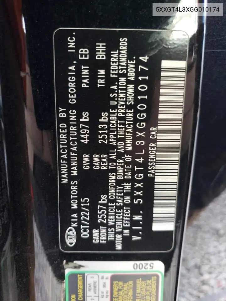 5XXGT4L3XGG010174 2016 Kia Optima Lx