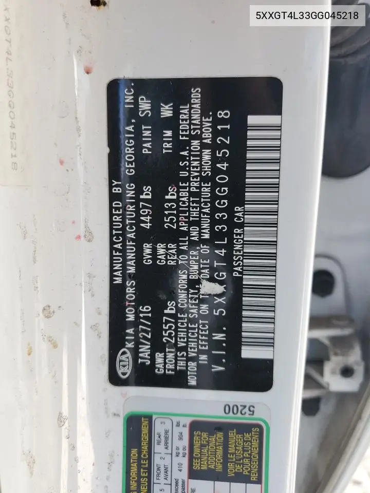 5XXGT4L33GG045218 2016 Kia Optima Lx