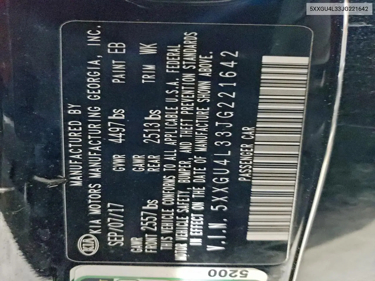 5XXGU4L33JG221642 2018 Kia Optima Ex