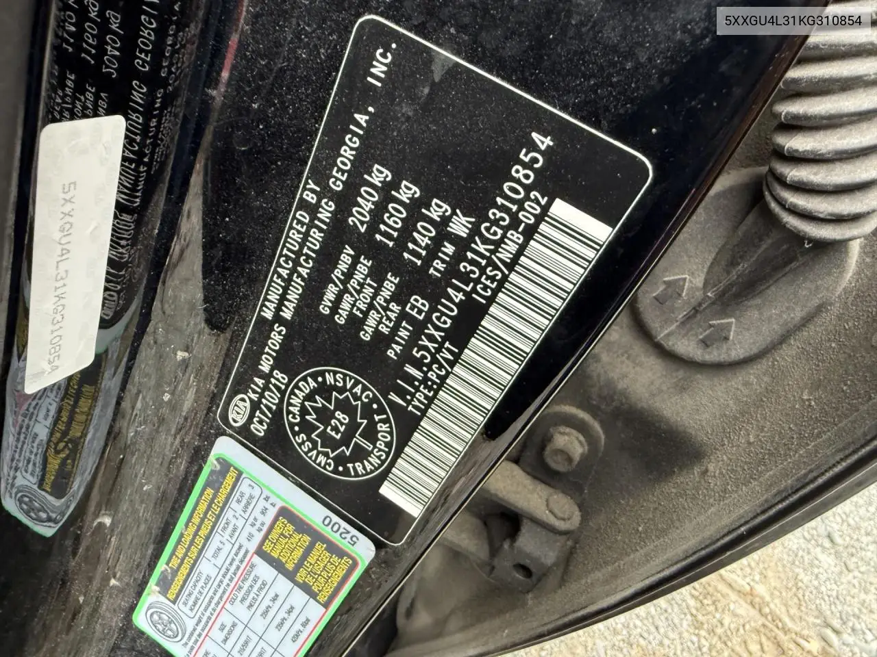 5XXGU4L31KG310854 2019 Kia Optima Ex