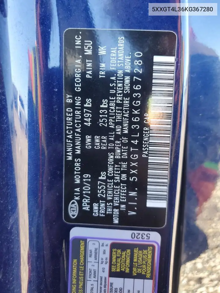 5XXGT4L36KG367280 2019 Kia Optima Lx