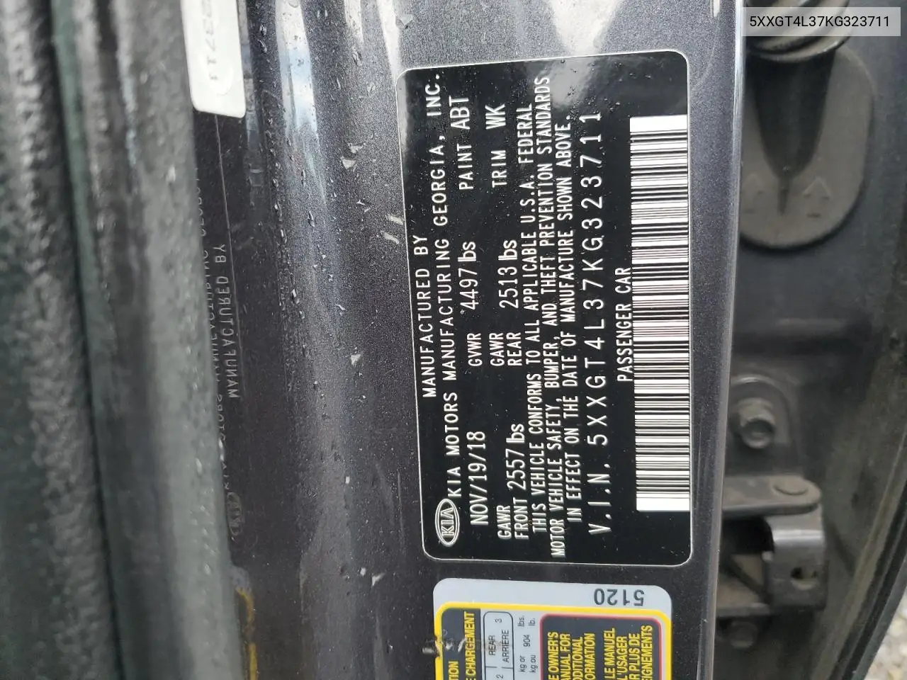 5XXGT4L37KG323711 2019 Kia Optima Lx