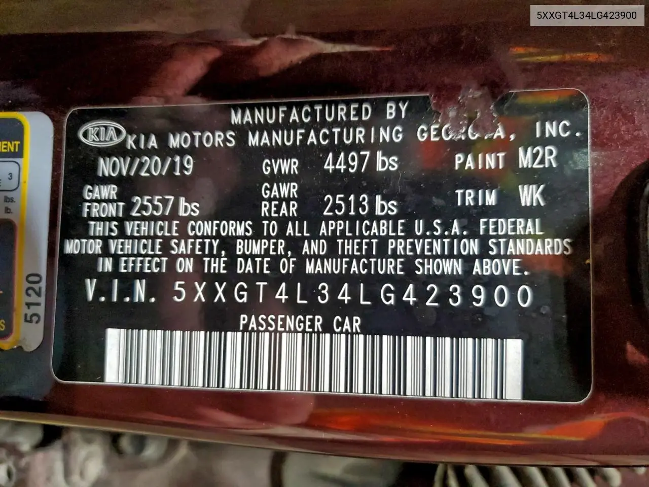 5XXGT4L34LG423900 2020 Kia Optima Lx