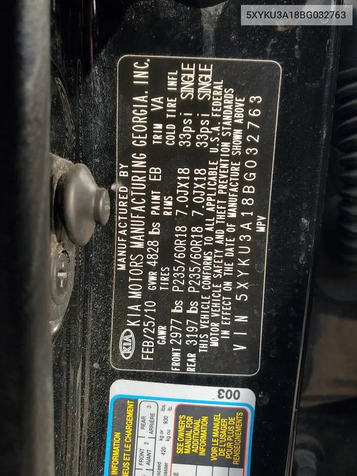 5XYKU3A18BG032763 2011 Kia Sorento Ex