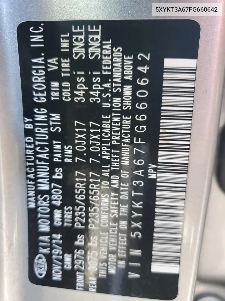 5XYKT3A67FG660642 2015 Kia Sorento Lx