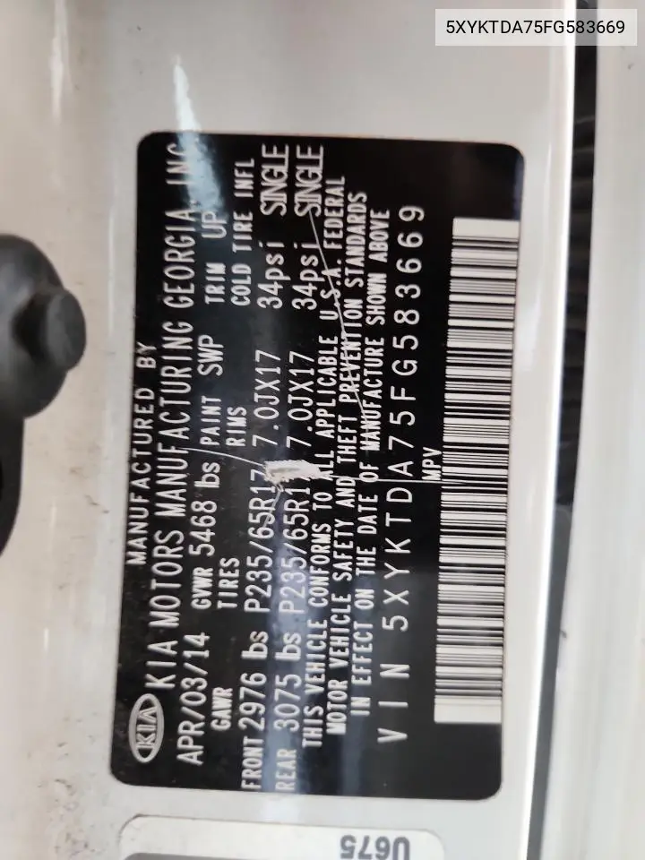 5XYKTDA75FG583669 2015 Kia Sorento Lx
