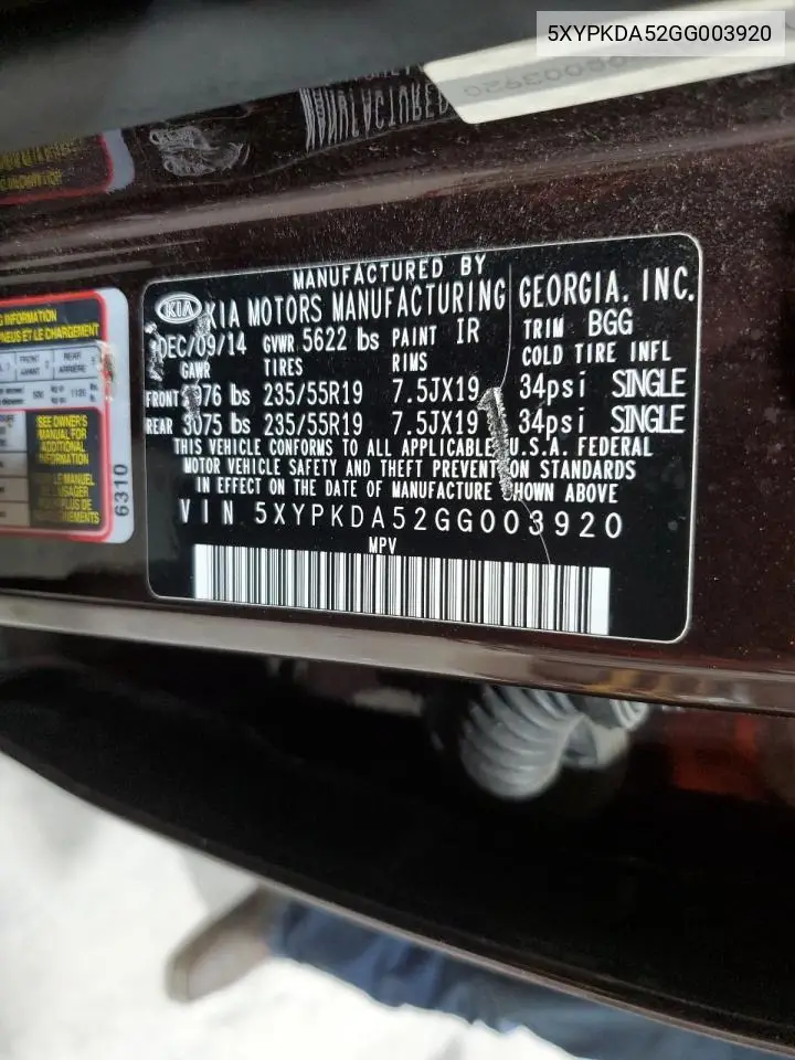 5XYPKDA52GG003920 2016 Kia Sorento Sx