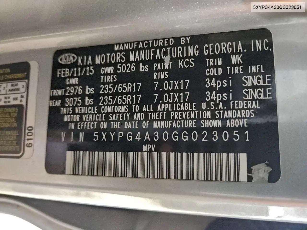 5XYPG4A30GG023051 2016 Kia Sorento Lx