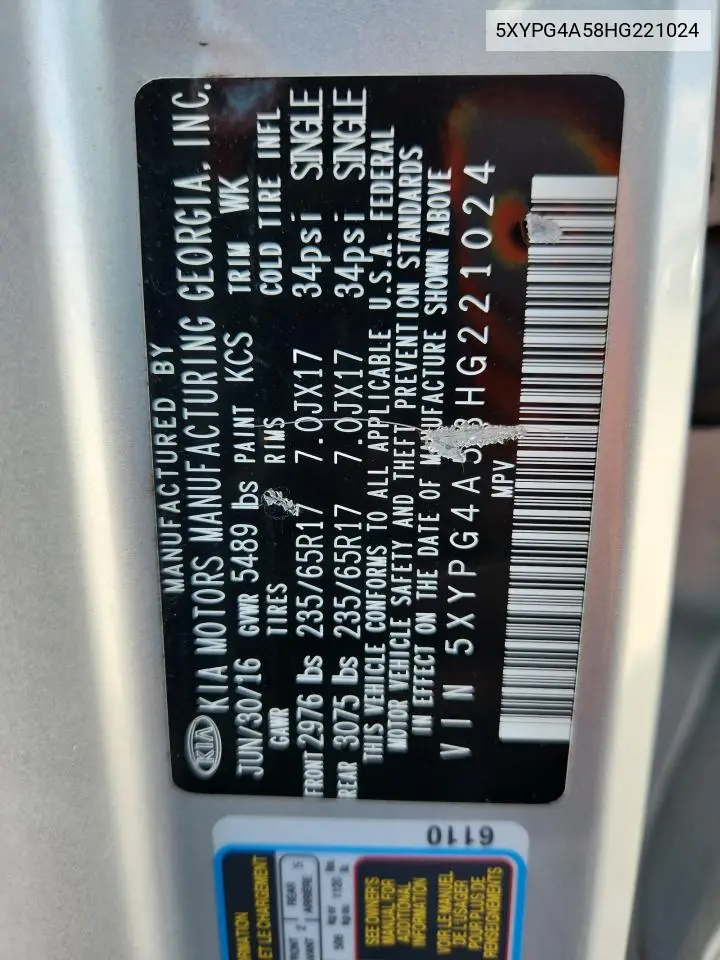 5XYPG4A58HG221024 2017 Kia Sorento Lx