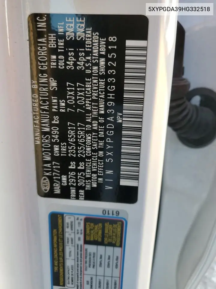 5XYPGDA39HG332518 2017 Kia Sorento Lx