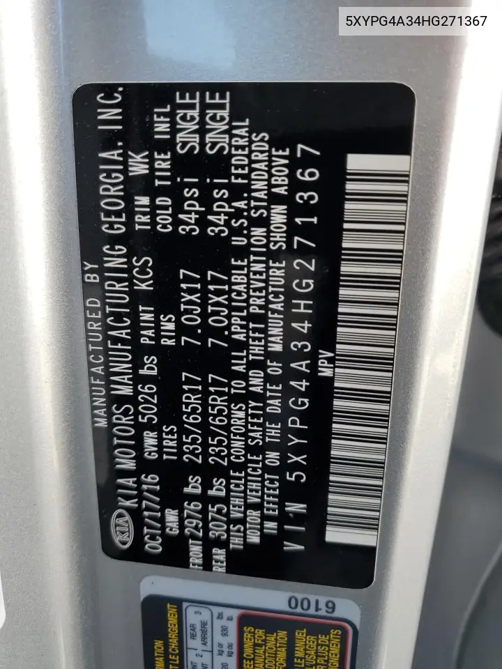 5XYPG4A34HG271367 2017 Kia Sorento Lx