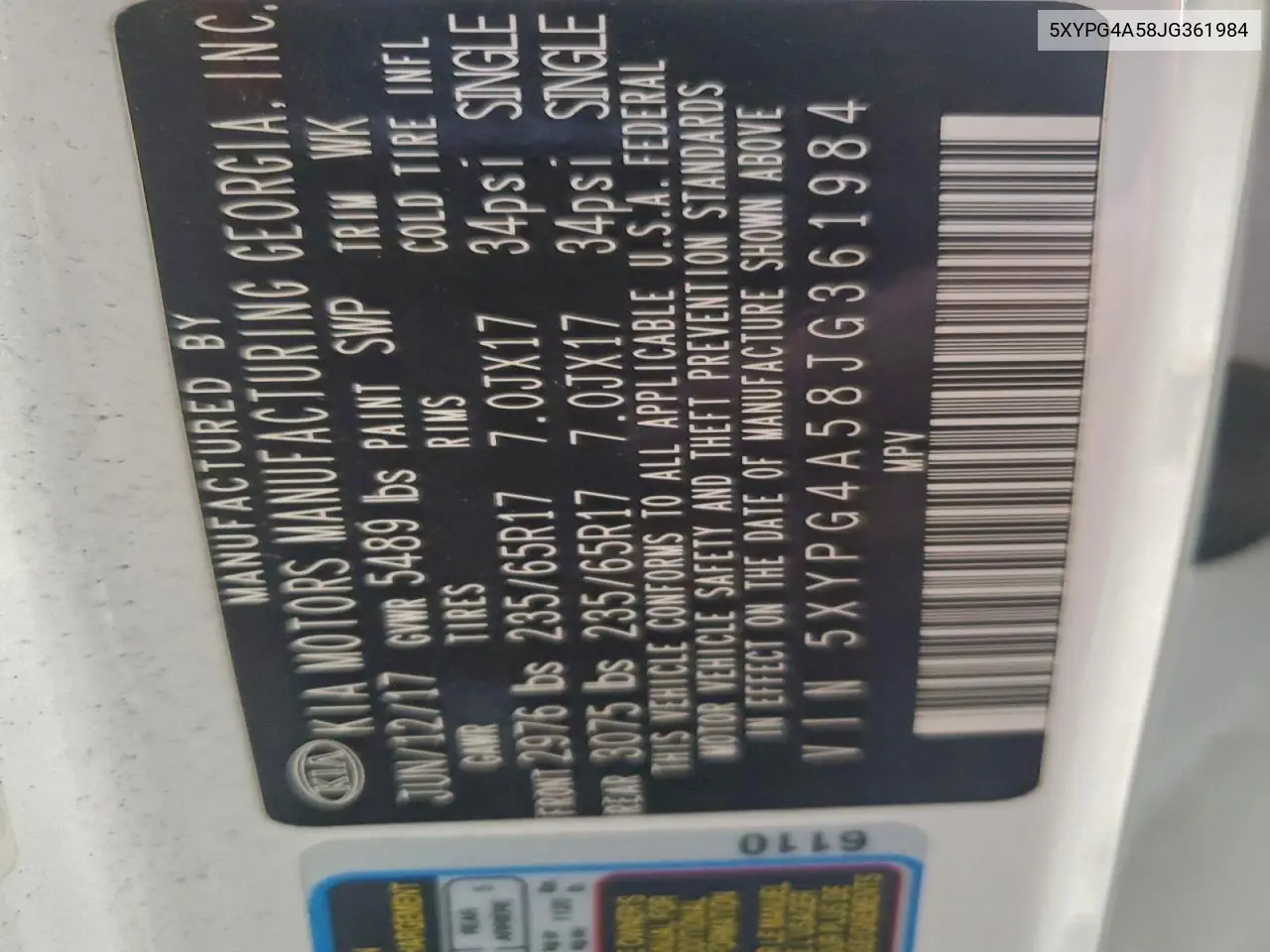 5XYPG4A58JG361984 2018 Kia Sorento Lx