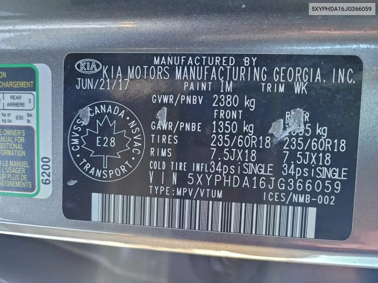 5XYPHDA16JG366059 2018 Kia Sorento Ex