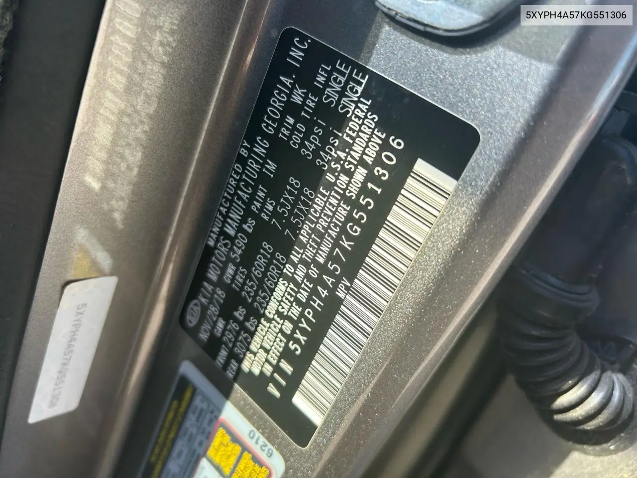 5XYPH4A57KG551306 2019 Kia Sorento Ex