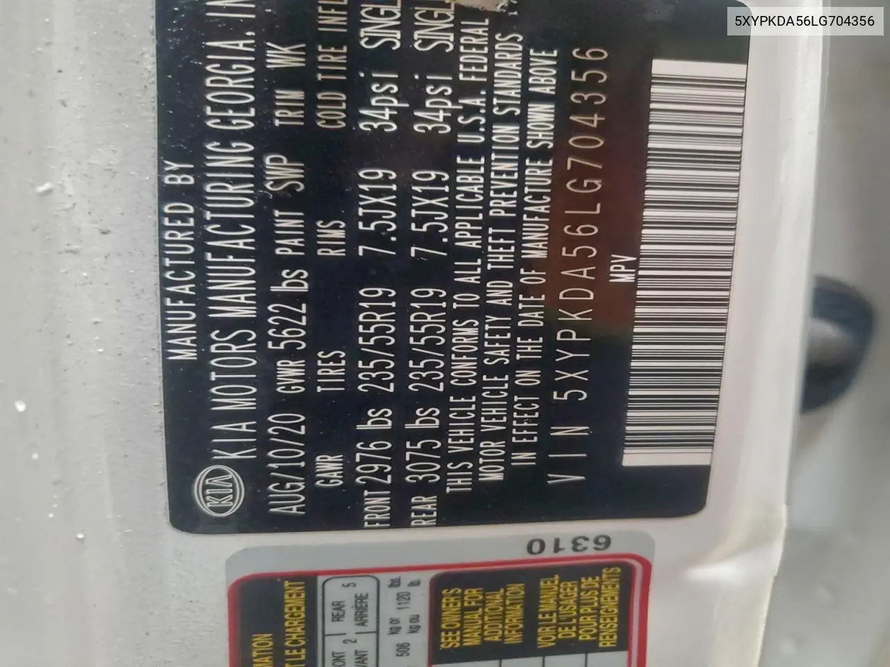 5XYPKDA56LG704356 2020 Kia Sorento Sx