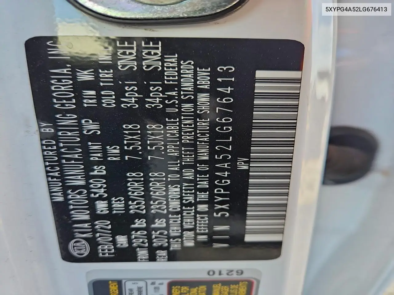 5XYPG4A52LG676413 2020 Kia Sorento S