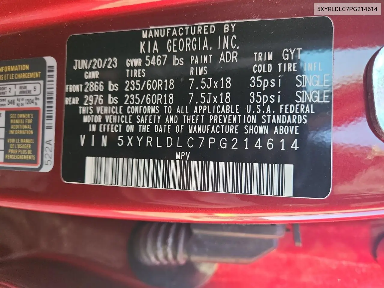5XYRLDLC7PG214614 2023 Kia Sorento S