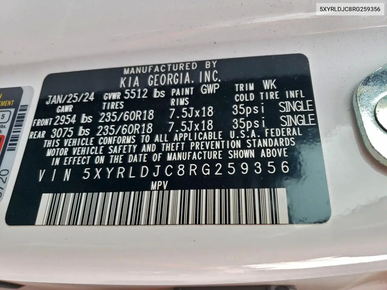 5XYRLDJC8RG259356 2024 Kia Sorento S