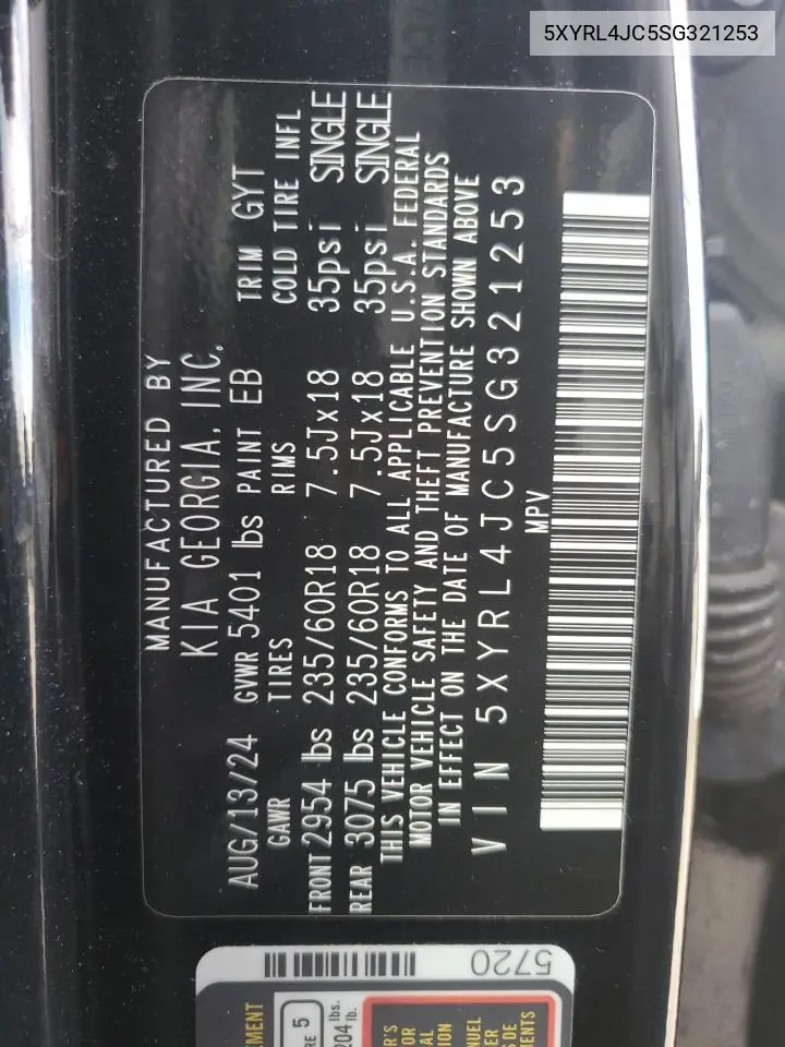 5XYRL4JC5SG321253 2025 Kia Sorento S