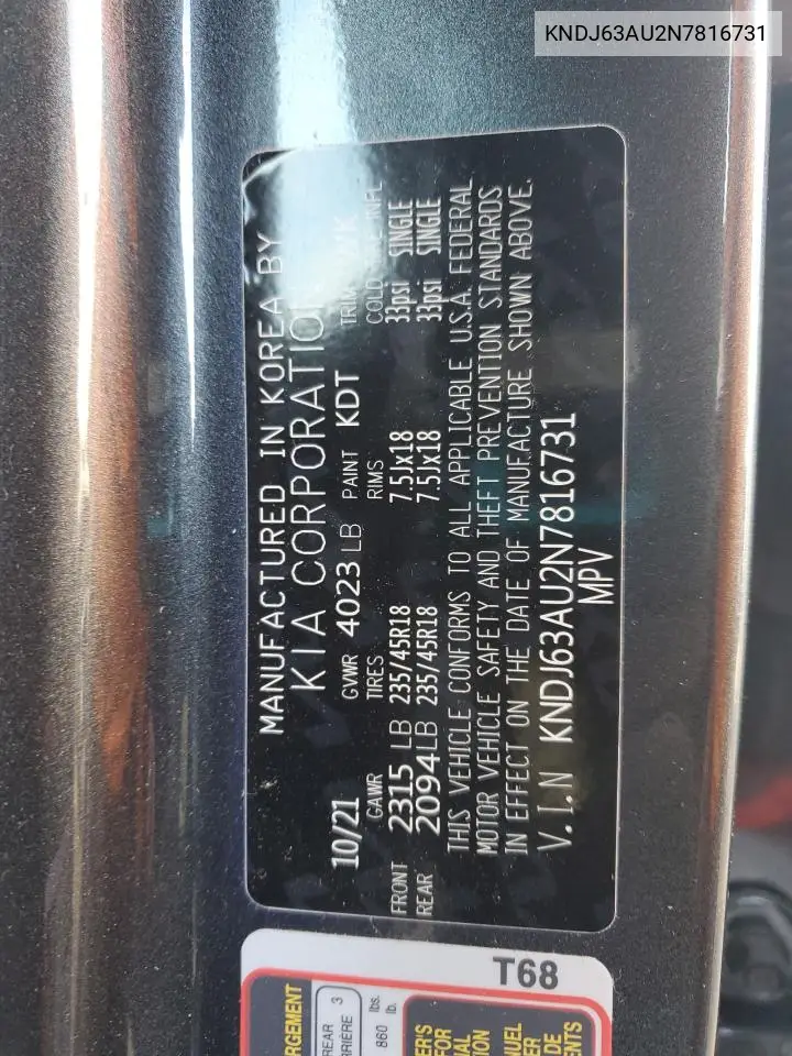 KNDJ63AU2N7816731 2022 Kia Soul Gt Line