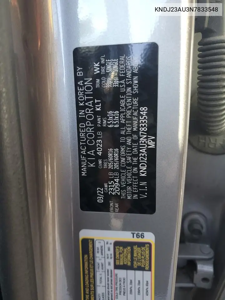 KNDJ23AU3N7833548 2022 Kia Soul Lx