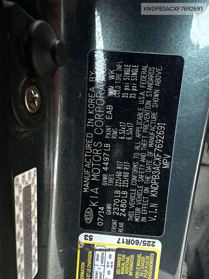 KNDPB3ACXF7692691 2015 Kia Sportage Lx