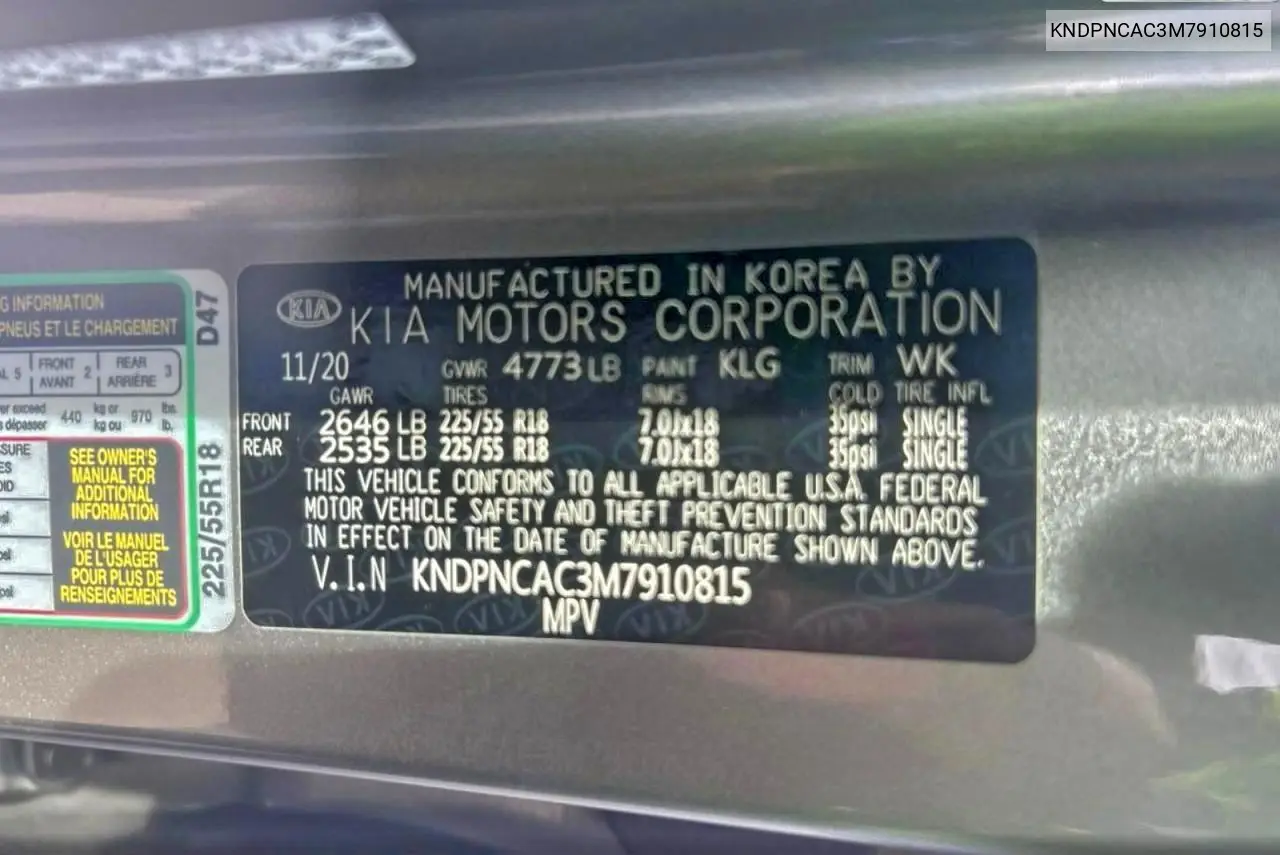 KNDPNCAC3M7910815 2021 Kia Sportage Ex