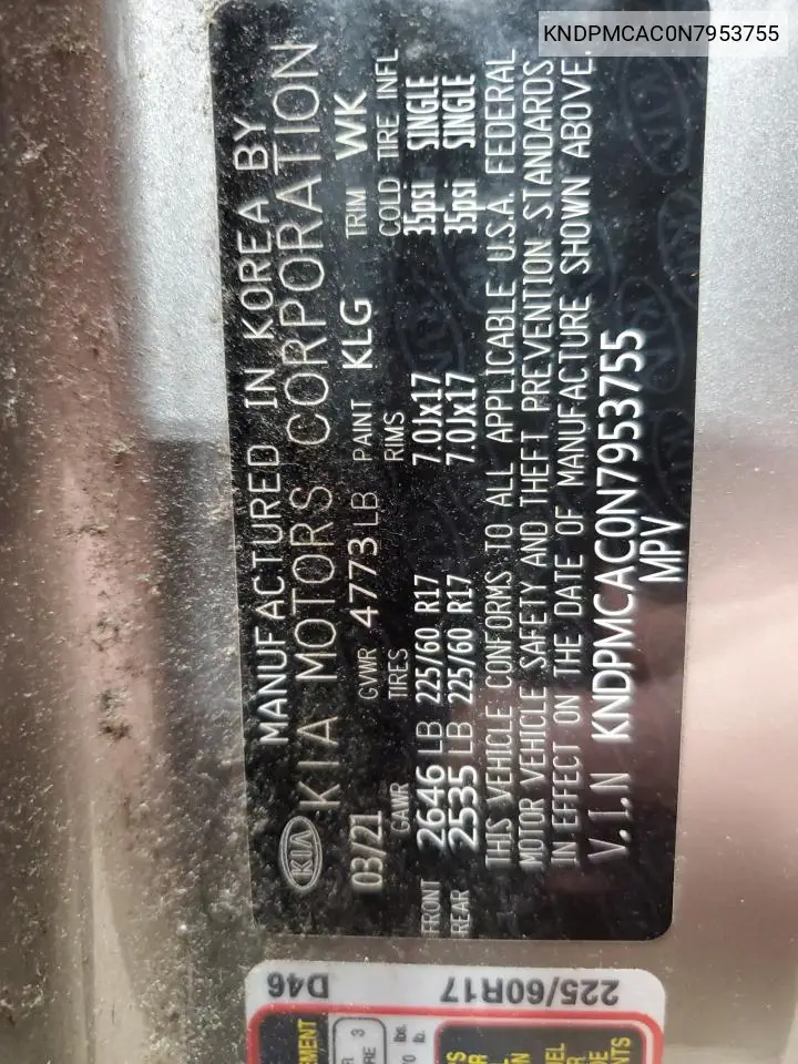 KNDPMCAC0N7953755 2022 Kia Sportage Lx
