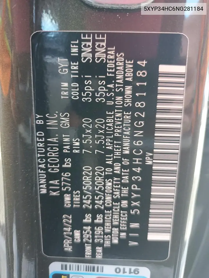 5XYP34HC6NG281184 2022 Kia Telluride Ex