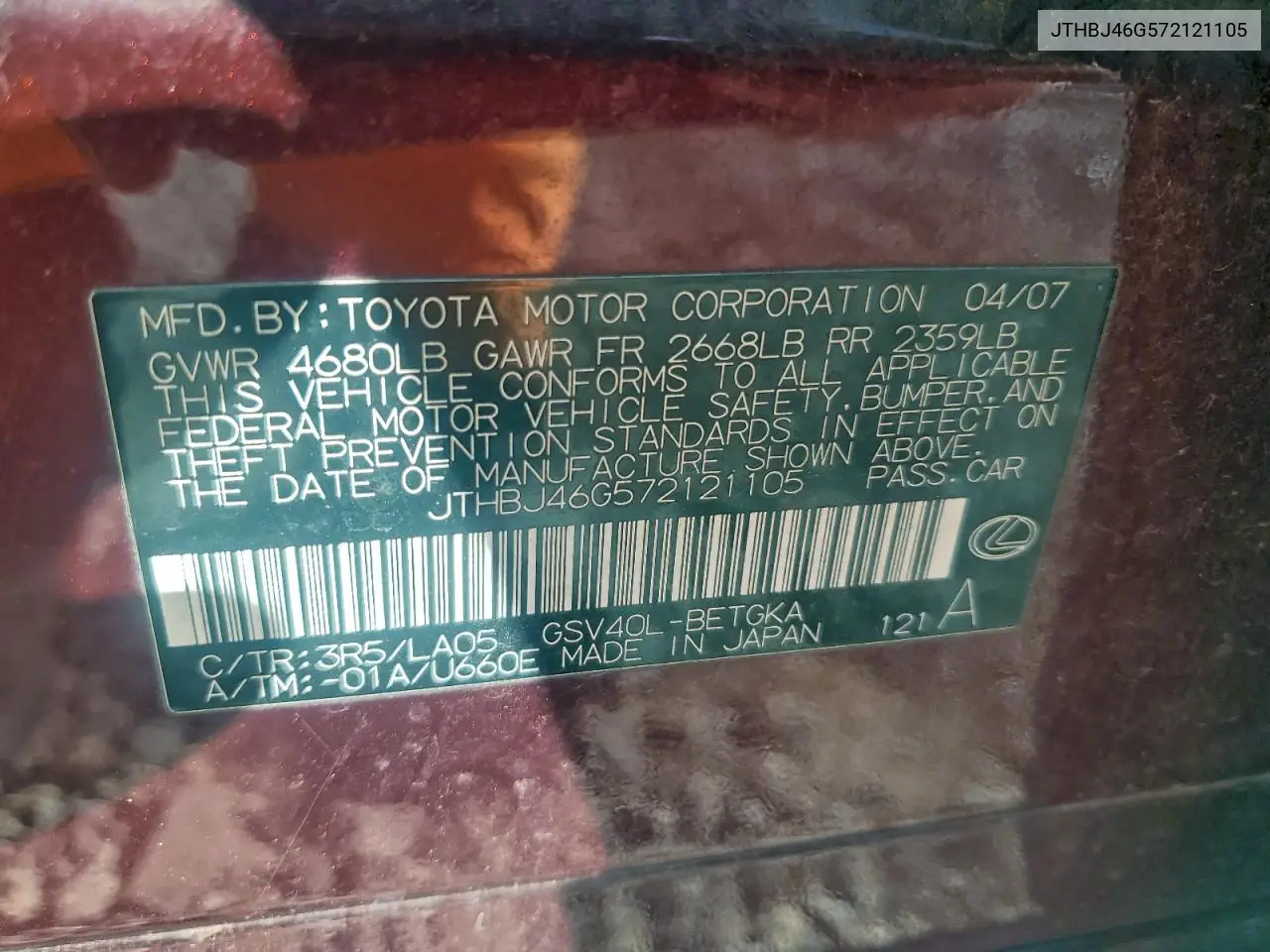 JTHBJ46G572121105 2007 Lexus Es 350