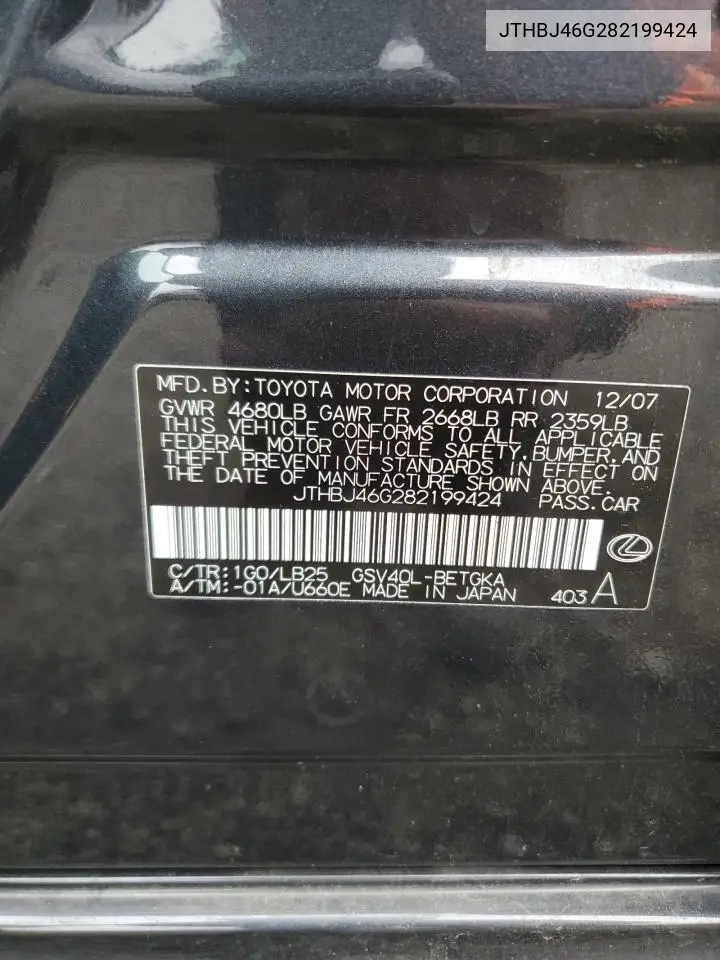 JTHBJ46G282199424 2008 Lexus Es 350