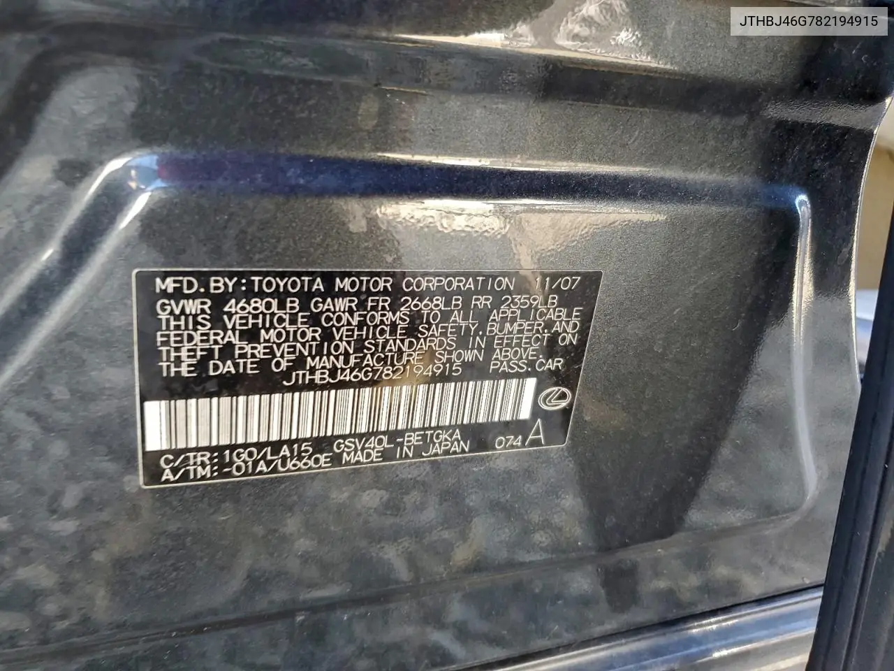 JTHBJ46G782194915 2008 Lexus Es 350