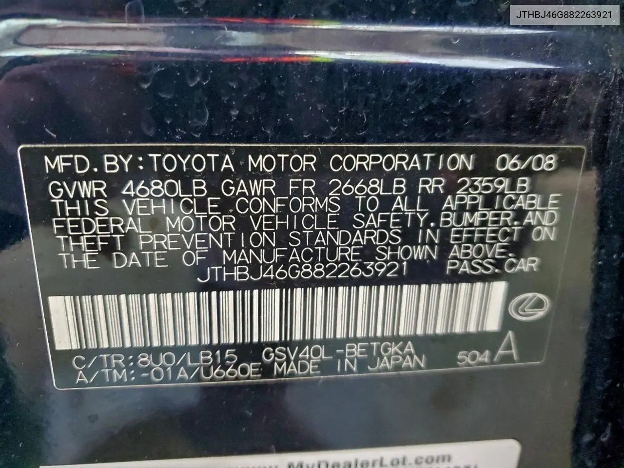 JTHBJ46G882263921 2008 Lexus Es 350